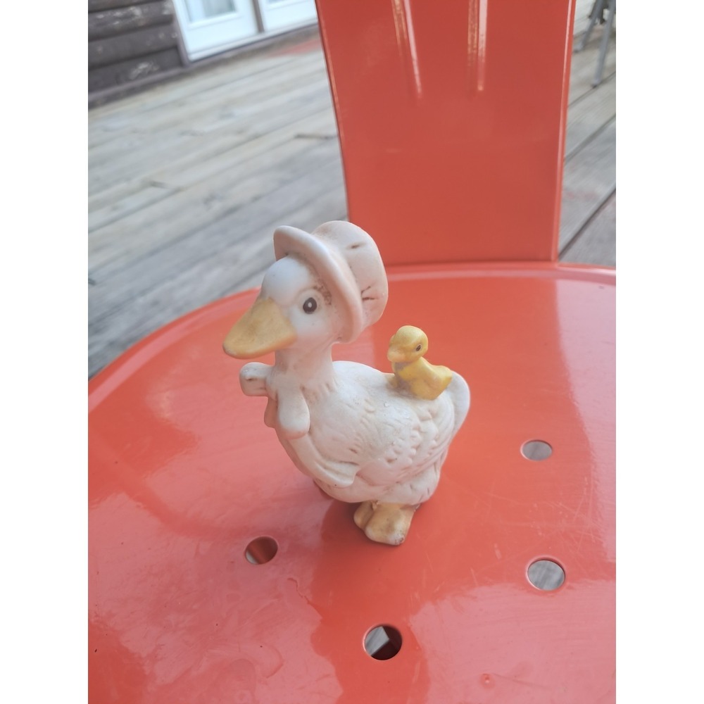 Vintage Goose Figurine White Yellow Mother Goose and  Duckling Cottagecore